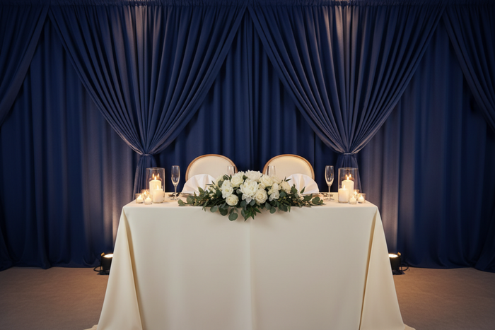 sweetheart table setup with Poly Premier Fire Retardant (FR) 12ft H x 60" W drape/backdrop - Navy Blue