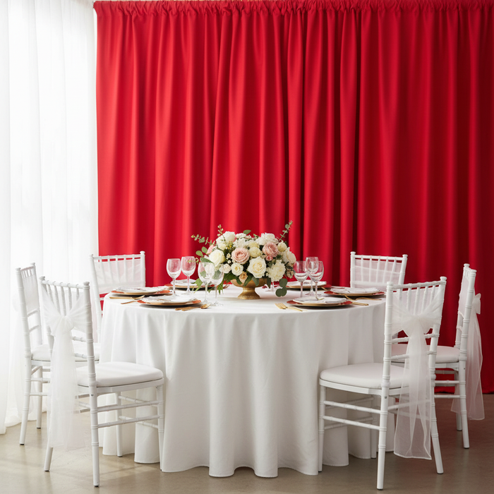 Poly Premier Fire Retardant (FR) 8ft H x 60" W drape/backdrop - Red for bridal shower reception with white tablecloth | white chiavari | gold charger plate | white dinner plate