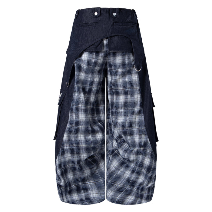 Back view of black wide-leg cargo pants with gray plaid panels and layered cargo pockets