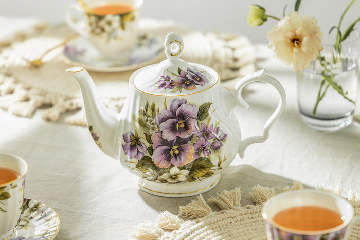 Purple Pansy Bone China 11-Piece Tea Set
