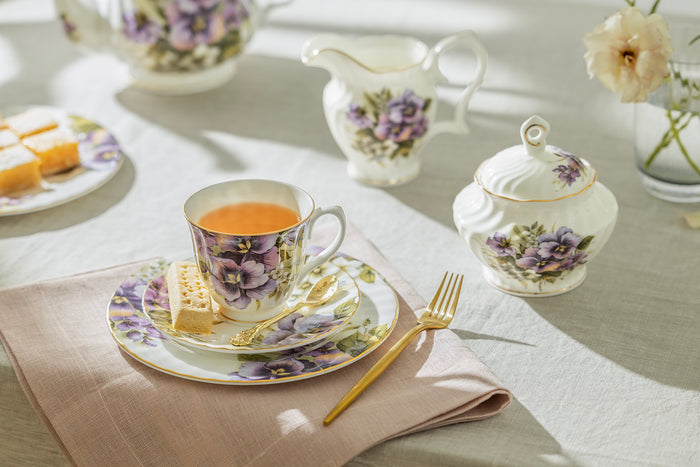 Purple Pansy Bone China 11-Piece Tea Set