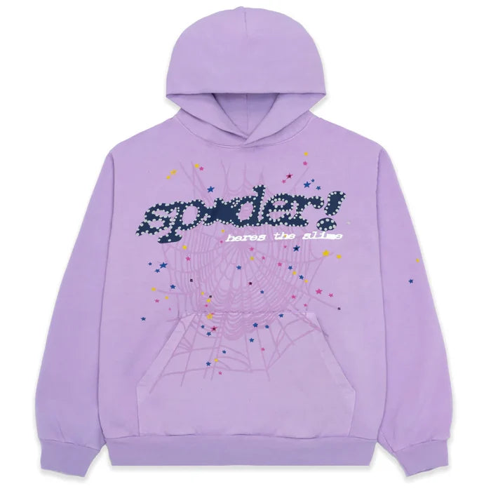 The Sp5der “Hares the Slime” Hoodie is a lavender purple 440GSM heavyweight fleece pullover with spider-web graphics and bold "spider!" lettering—perfect for standout streetwear style.