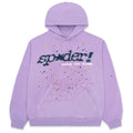 The Sp5der “Hares the Slime” Hoodie is a lavender purple 440GSM heavyweight fleece pullover with spider-web graphics and bold "spider!" lettering—perfect for standout streetwear style.