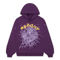 The Sp5der Web Hoodie – Deep Purple & Yellow 440GSM Heavyweight Oversized Streetwear Pullover features a large white spiderweb on the front, yellow "sp5der" text above it, and white stars on the sleeves and around the web.