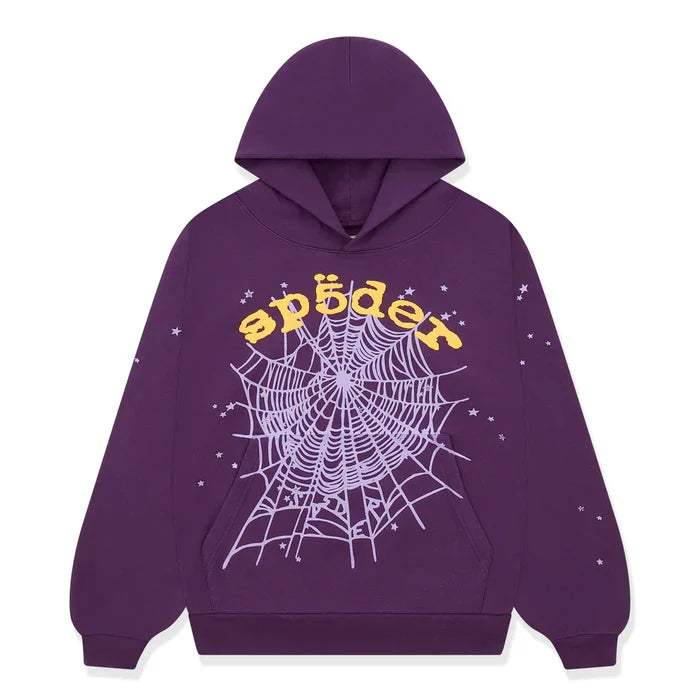 The Sp5der Web Hoodie – Deep Purple & Yellow 440GSM Heavyweight Oversized Streetwear Pullover features a large white spiderweb on the front, yellow "sp5der" text above it, and white stars on the sleeves and around the web.