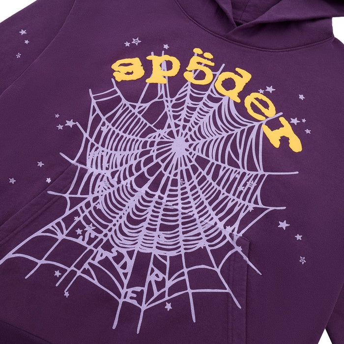 The Sp5der Web Hoodie – Deep Purple & Yellow 440GSM Heavyweight Oversized Streetwear Pullover features bold “sp5der” lettering, white spiderweb graphics, and stars—ideal for fans of Y2K-inspired luxury street fashion.