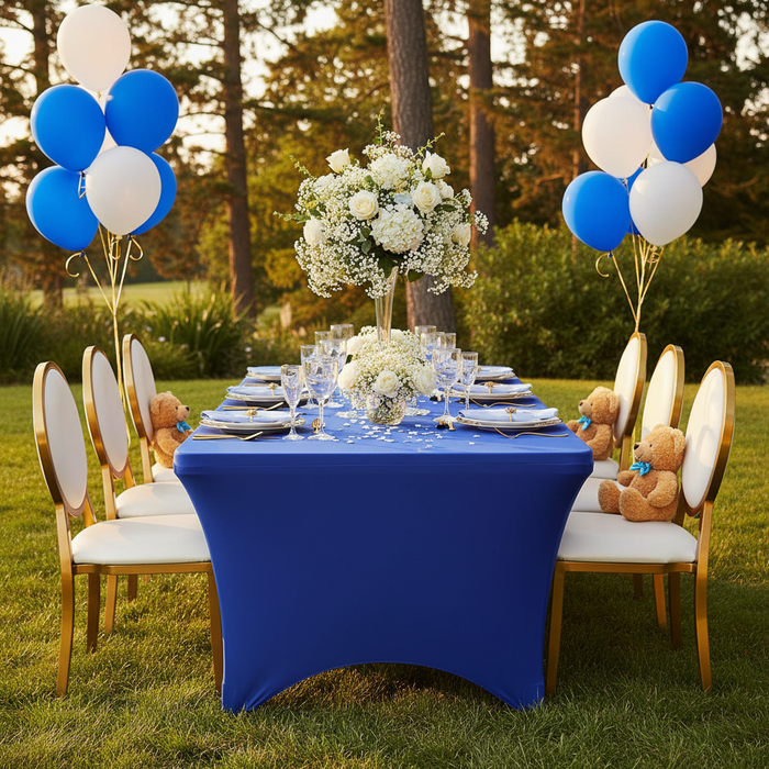Rectangular 6 FT Spandex Table Cover - Royal Blue in Outdoor Reception.
