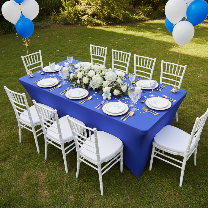 Rectangular 6 FT Spandex Table Cover - Royal Blue with Chiavari White Chairs.