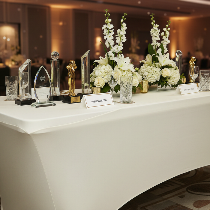 Rectangular 8 FT Spandex Table Cover - Ivory for charity gala awards night | trophy table