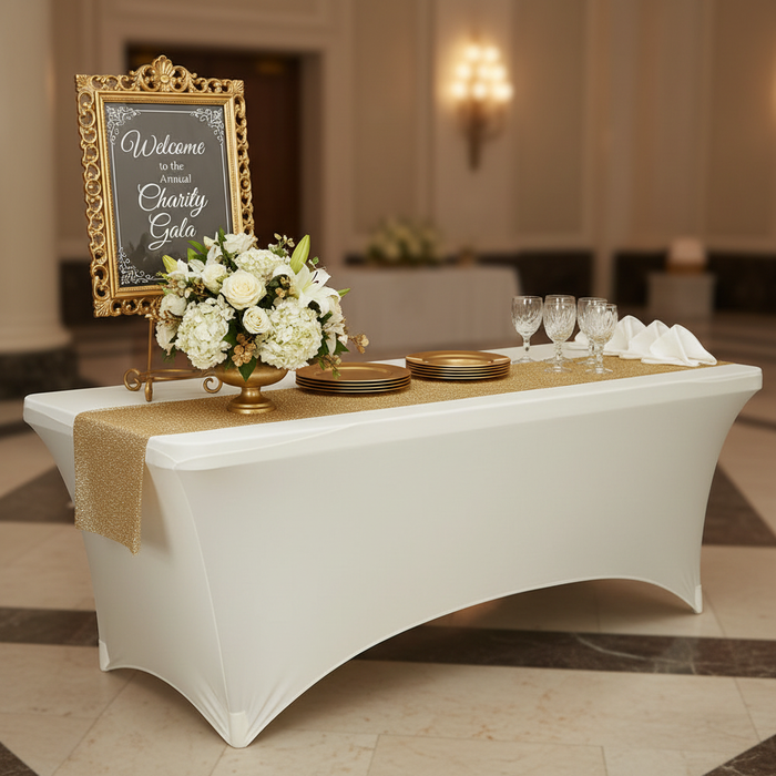 Rectangular 8 FT Spandex Table Cover - Ivory for charity gala annual celebration
