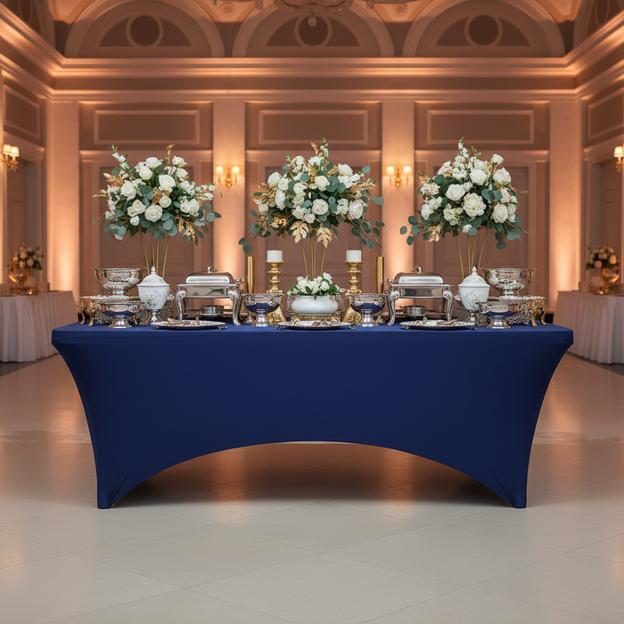 Rectangular 8 FT Spandex Table Cover - Navy Blue with silver dinner wares for buffet setup