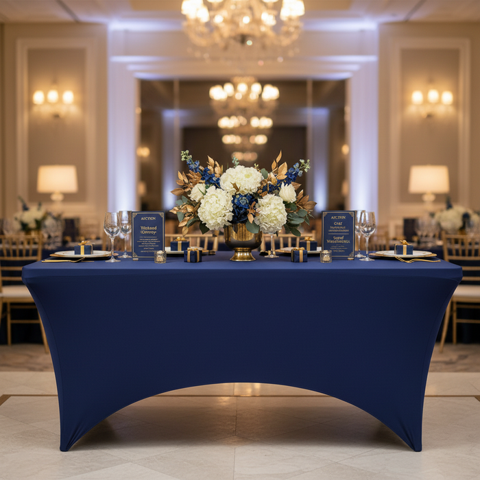Rectangular 8 FT Spandex Table Cover - Navy Blue for a charity event reception