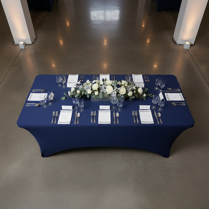 Rectangular 8 FT Spandex Table Cover - Navy Blue for charity gala reception top view detail