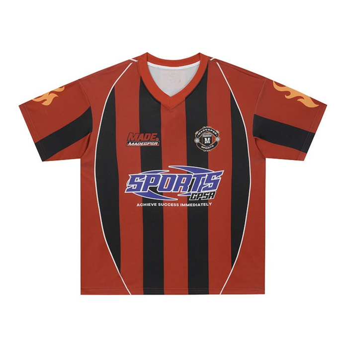 Red and black striped football jersey with flame sleeve accents and bold sports graphics on the chest