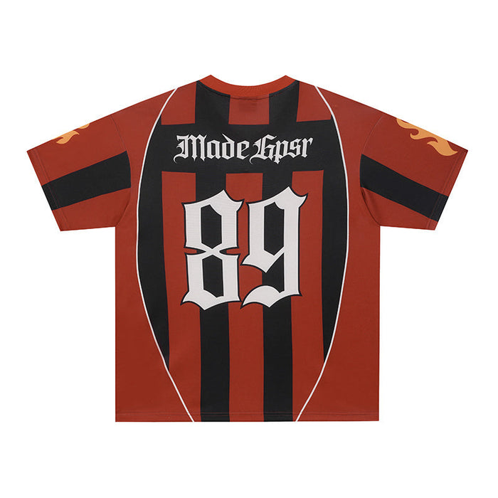 Red and black striped football jersey with flame sleeves, Made Easr text, and bold 89 graphic on front