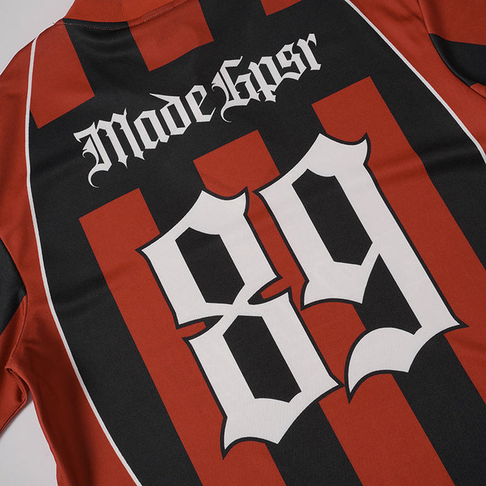 Black and red striped football jersey with large white 89 graphic and Made Ghost lettering on the back