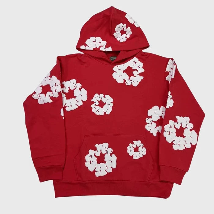 Red “Cotton Wreath” Denim Tears Hoodie – White Floral Print Streetwear Pullover