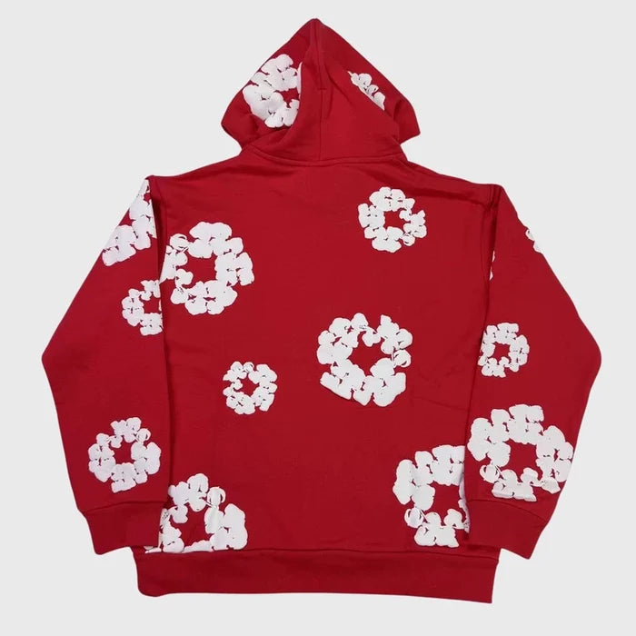 Red “Cotton Wreath” Denim Tears Hoodie – White Floral Print Streetwear Pullover