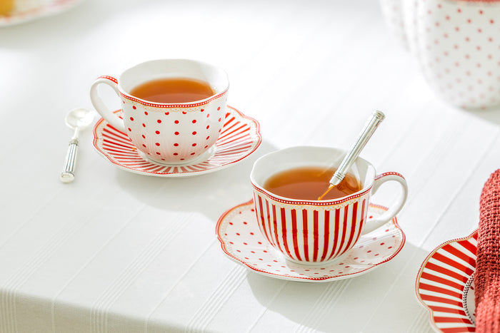 Grace Teaware Red Josephine Stripes and Dots Fine Porcelain Cup and Saucer Set