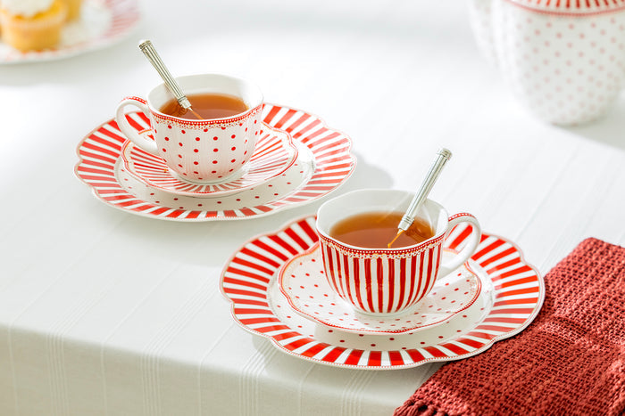 Red Josephine Stripes and Dots Fine Porcelain 11-Piece Tea Set