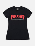 Remera Thrasher Godzilla Mujer Negro, vista frontal sobre fondo gris claro