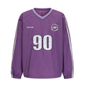 Purple nylon pullover front with white 90 graphic, striped V-neck and sleeve stripes