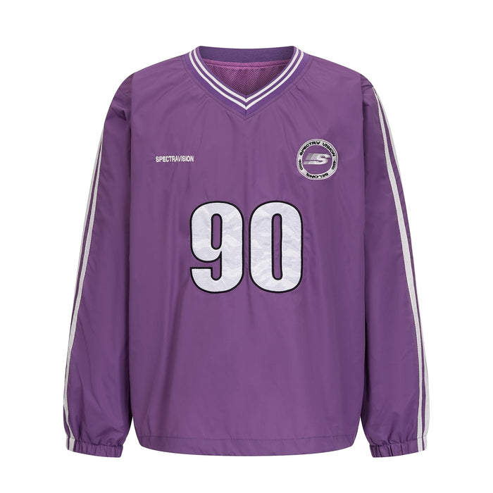Purple nylon pullover front with white 90 graphic, striped V-neck and sleeve stripes