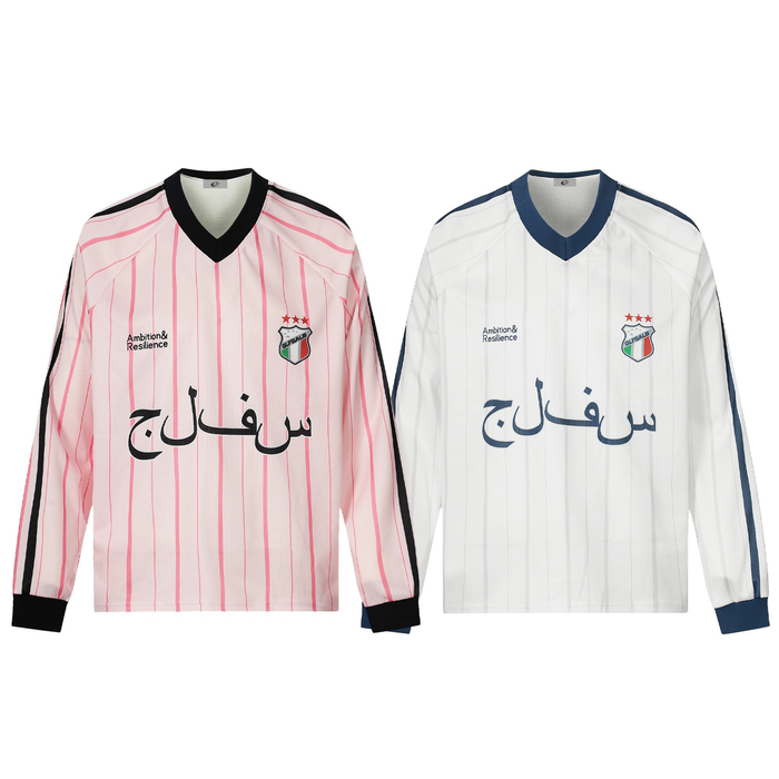 Pink and white retro pinstripe long-sleeve football jerseys with Arabic chest lettering and embroidered crest