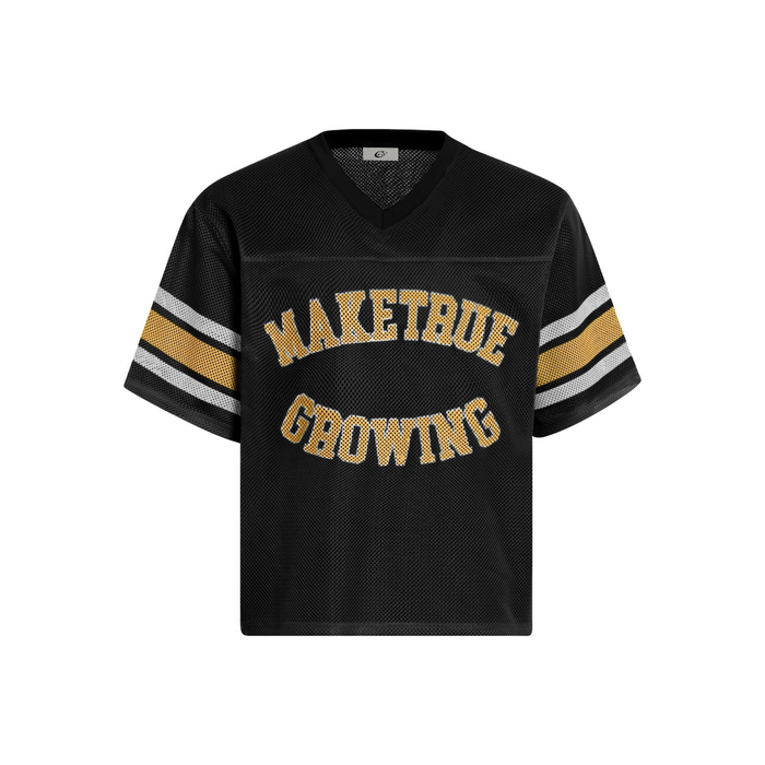 Black mesh varsity jersey with yellow Maketrue Growing lettering and striped sleeves