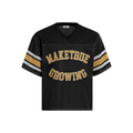 Black mesh varsity jersey with yellow Maketrue Growing lettering and striped sleeves