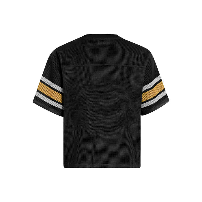 Black retro varsity mesh jersey with yellow and white striped sleeves, shown from the back on a white background