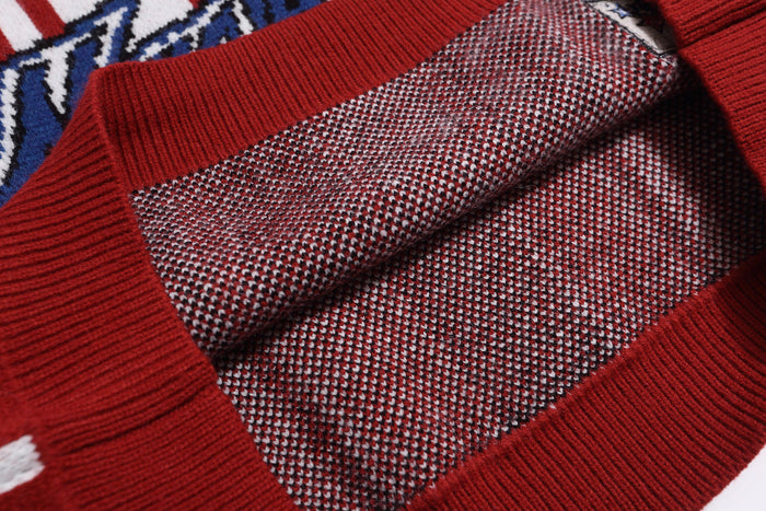 Inside-out close-up showing knit fabric texture and red ribbed hem