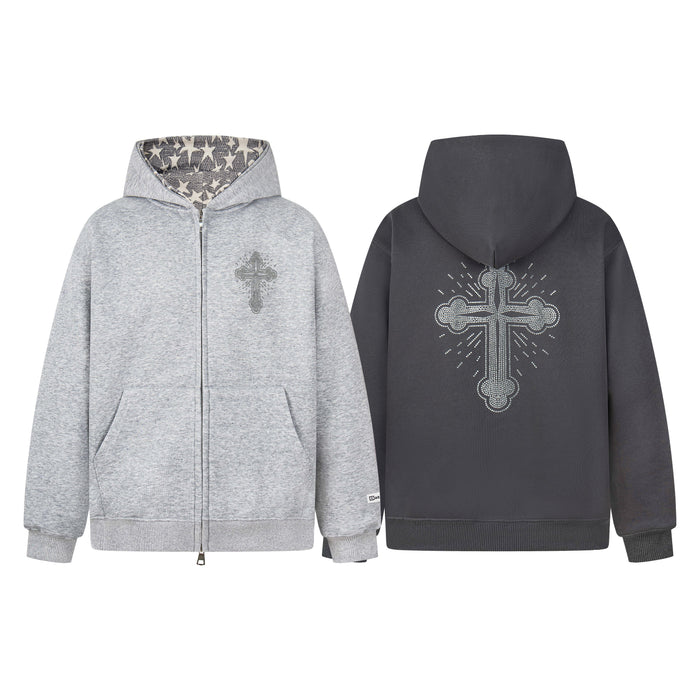 Heather grey rhinestone cross zip hoodie with star-pattern hood lining, front and back view on white background