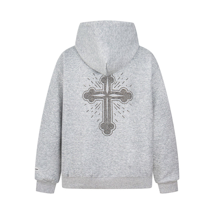 Back view of light gray zip hoodie with large rhinestone cross and star-print hood lining