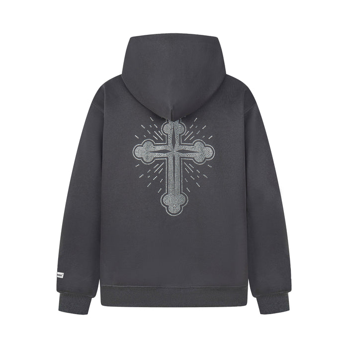 Back view of charcoal gray zip hoodie with large white rhinestone cross design