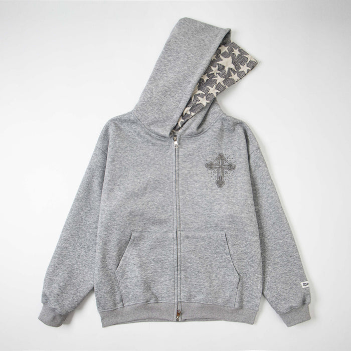 Light gray zip hoodie laid flat with hood open and rhinestone cross on chest