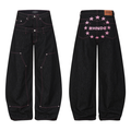 RHNDE Omirad black wide-leg denim jeans with double waist, pink contrast stitching and star embroidery on back pocket