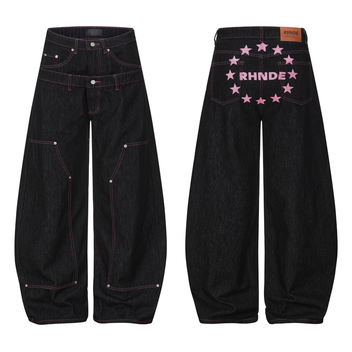 RHNDE Omirad black wide-leg denim jeans with double waist, pink contrast stitching and star embroidery on back pocket