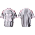 RHNDE Omirad Metallic Varsity Jersey Tee in silver and pink with oversized 02 applique, front and back view