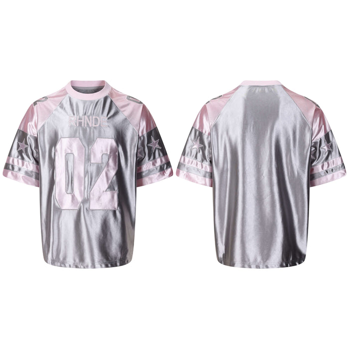 RHNDE Omirad Metallic Varsity Jersey Tee in silver and pink with oversized 02 applique, front and back view