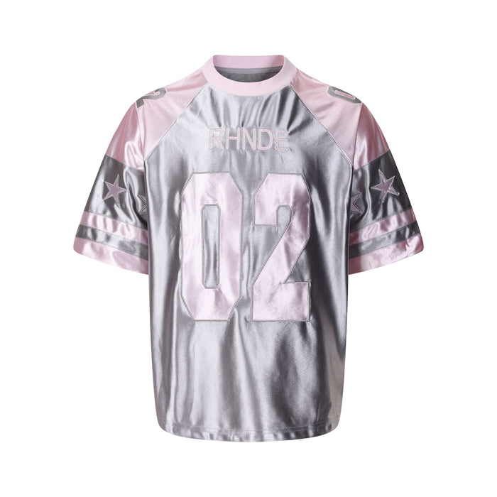 Metallic pink and silver oversized varsity jersey tee with RHNDE 02 number and star sleeve details
