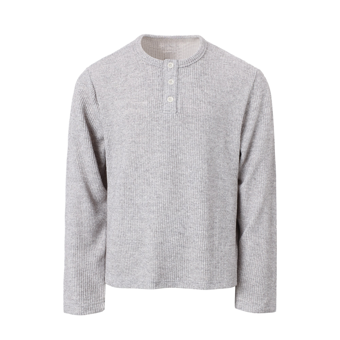 Heather gray ribbed henley tee front view with three-button placket