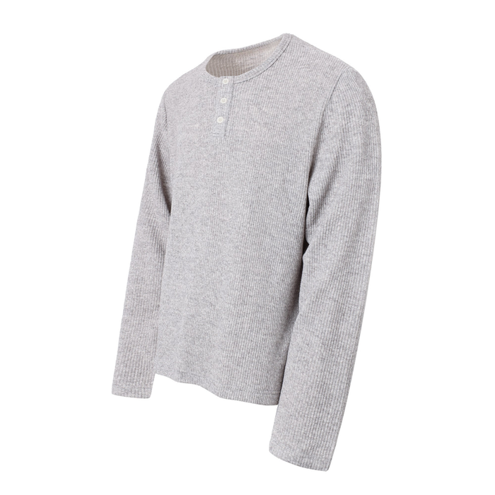 Heather gray ribbed henley tee angled front view with long sleeves