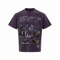 Dark purple graphic tee with collage-style Rock N Roll Swindle print and retro punk artwork on the front