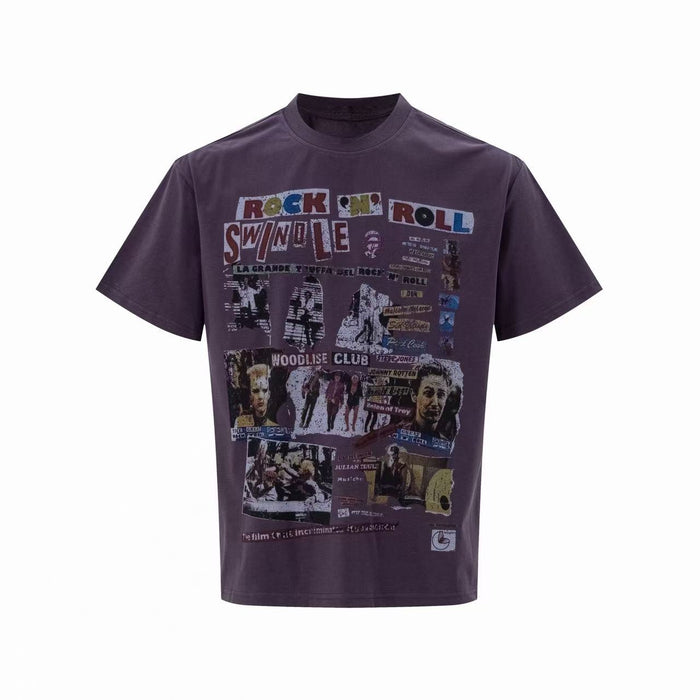 Dark purple graphic tee with collage-style Rock N Roll Swindle print and retro punk artwork on the front
