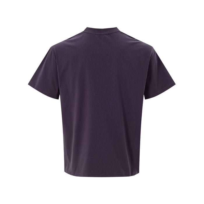 Dark purple crewneck graphic tee with a back view and clean minimalist streetwear style