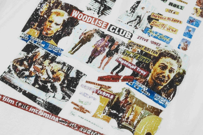 White graphic tee featuring a distressed punk collage with Rock N Roll Swindle and Sex Pistols-inspired text and portraits