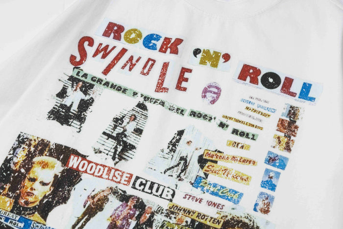 Rock N Roll Swindle collage graphic tee in white with distressed punk band-style typography and retro album art print