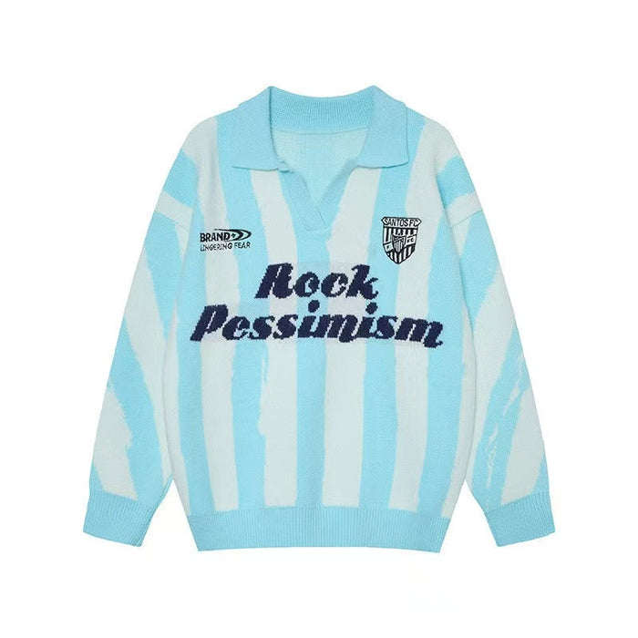Sky blue and white vertical stripe knit polo sweater with Rock Pessimism graphic lettering and polo collar