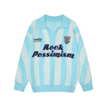 Sky blue and white vertical stripe knit polo sweater with Rock Pessimism graphic lettering and polo collar
